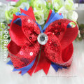 Good Quality Rhinestone Red Sequin Ribbon Bow with Clips